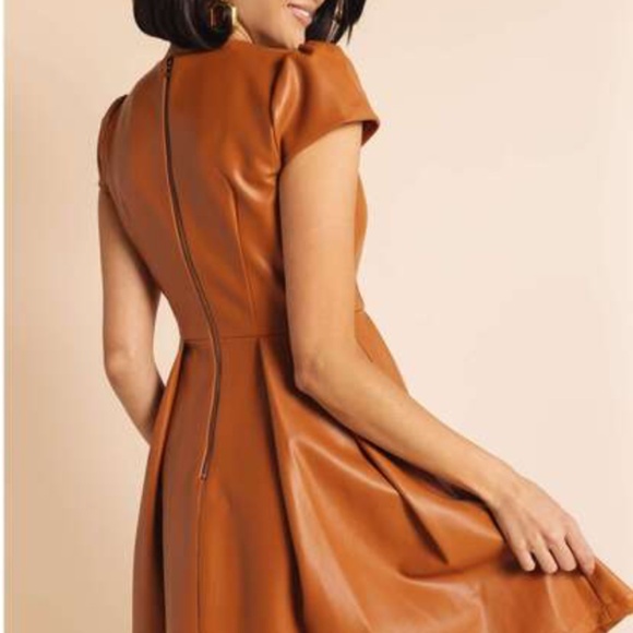 Cognac Leather dress with flirty flared pleated skirt - Picture 2 of 6